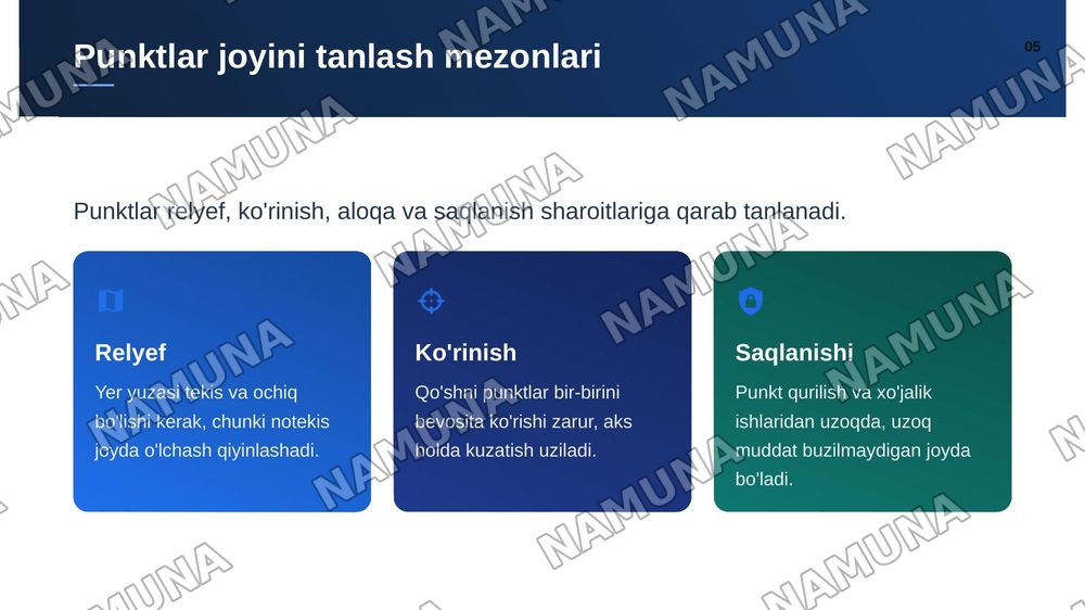 Mavzu Geodezik to'rlarini loyihalash. Geodezik punktlarni rekognossirovka qilish.
shu mavzuda slayt qilib ber 3 ta rejali bolsin rasmlar jadvallar va diagramma lar korinishida bolsin 15 list oxirgi listda foydalanilgan adabitotlar — zamonaviy taqdimot, 6-slayd
