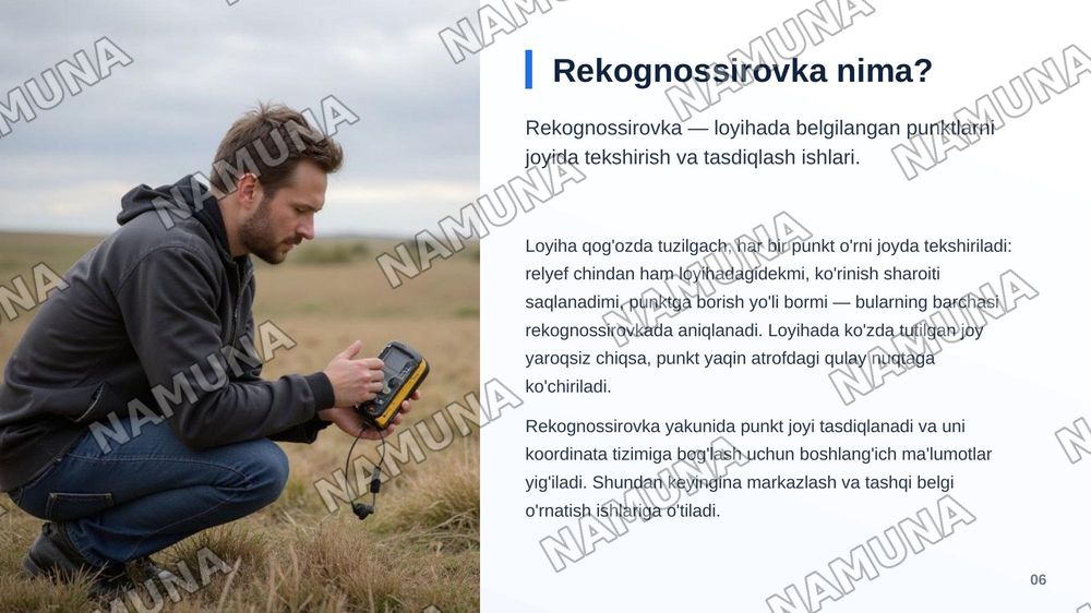 Mavzu Geodezik to'rlarini loyihalash. Geodezik punktlarni rekognossirovka qilish.
shu mavzuda slayt qilib ber 3 ta rejali bolsin rasmlar jadvallar va diagramma lar korinishida bolsin 15 list oxirgi listda foydalanilgan adabitotlar — zamonaviy taqdimot, 7-slayd
