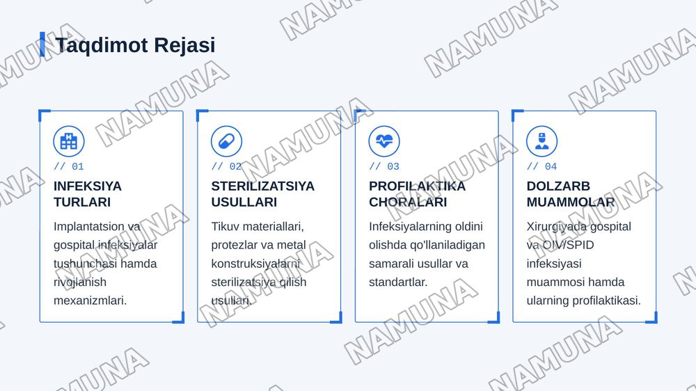 Implantatsion infeksiya profilaktikasi. Tikuv materiallari, protezlar, metal konstruksiyalar  
sterilizatsiyasi. Past haroratli va nurli sterilizatsiya. Gospital infeksiya. Xirurgiyada  
SPID-infeksiya muammosi va profilaktikasi. — zamonaviy taqdimot, 2-slayd
