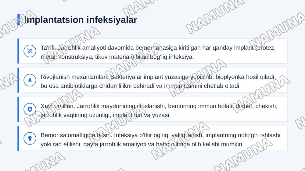 Implantatsion infeksiya profilaktikasi. Tikuv materiallari, protezlar, metal konstruksiyalar  
sterilizatsiyasi. Past haroratli va nurli sterilizatsiya. Gospital infeksiya. Xirurgiyada  
SPID-infeksiya muammosi va profilaktikasi. — zamonaviy taqdimot, 4-slayd