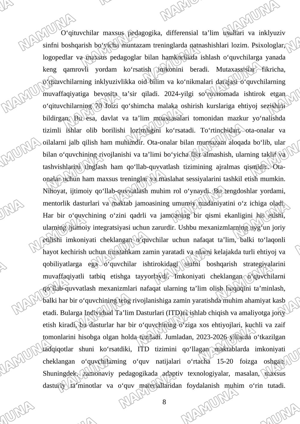 Inklyuziv va geterogen sinfni boshqarish. Tamoyillar. Qo‘llab-quvvatlash. Differensial ta’lim. Madaniy, til va ijtimoiy xilma-xillik — mustaqil ish, 8-varaq