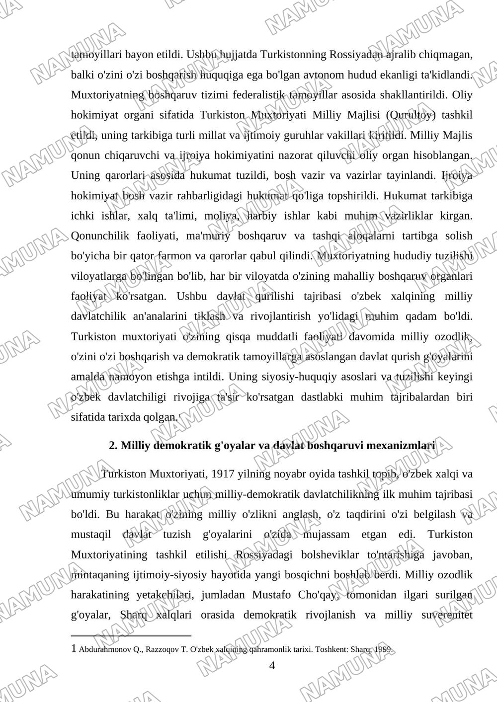 Turkiston muxtoriyati milliy demokratik davlatchiligining dastlabgi tajribasi — referat, 4-varaq