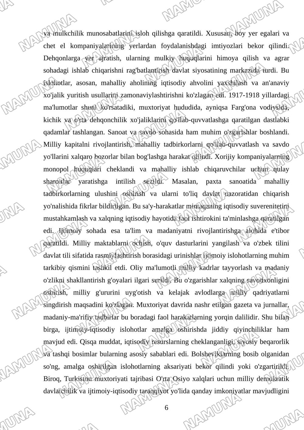 Turkiston muxtoriyati milliy demokratik davlatchiligining dastlabgi tajribasi — referat, 6-varaq