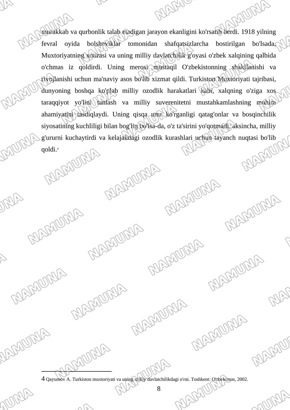Turkiston muxtoriyati milliy demokratik davlatchiligining dastlabgi tajribasi — referat, 8-varaq