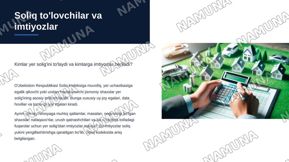 jismoniy shaxslardan olinadigan yer soligi:soliqni hisoblab chiqarish va tolash tartibi — zamonaviy taqdimot, 5-slayd