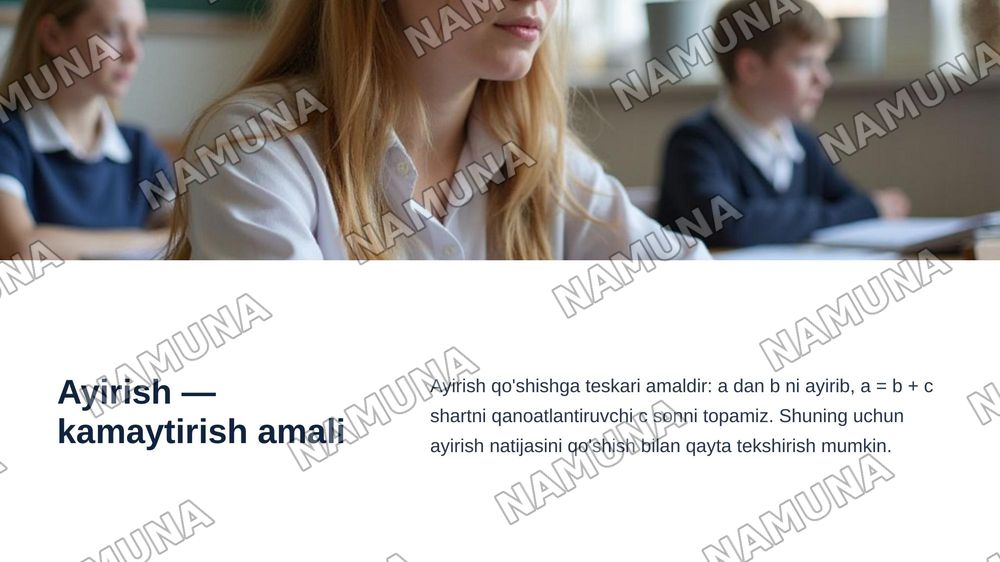 Ikki son ayirmasi
Ikki son berilgan. Birinchi sondan ikkinchi sonni ayirish algoritmini tuzing. — zamonaviy taqdimot, 3-slayd