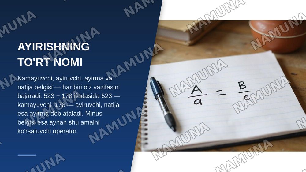 Ikki son ayirmasi
Ikki son berilgan. Birinchi sondan ikkinchi sonni ayirish algoritmini tuzing. — zamonaviy taqdimot, 4-slayd