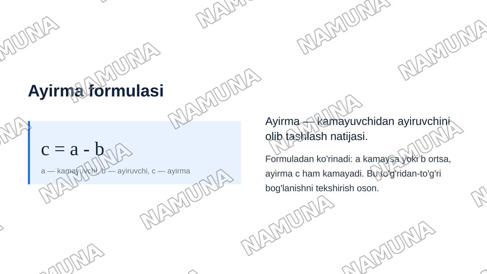 Ikki son ayirmasi
Ikki son berilgan. Birinchi sondan ikkinchi sonni ayirish algoritmini tuzing. — zamonaviy taqdimot, 6-slayd