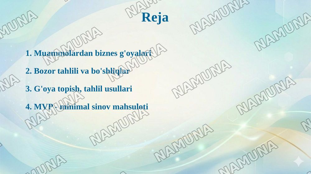 Mijoz muammosi asosida biznes g'oyani shakllantirish. Bozordagi
bo'shliqlar va real muammolarga asoslangan biznes g'oyalarni
shakllantirish.G'oyalarni topish va tahlil qilish usullari: kuzatish,
mijoz bilan suhbat, so'rovnoma va fikrlar shturmi. Eng kam
xarajatli sinov mahsuloti (MVP) konsepsiyasi:  — taqdimot, 2-slayd