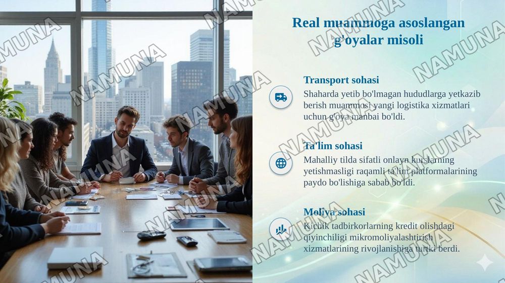 Mijoz muammosi asosida biznes g'oyani shakllantirish. Bozordagi
bo'shliqlar va real muammolarga asoslangan biznes g'oyalarni
shakllantirish.G'oyalarni topish va tahlil qilish usullari: kuzatish,
mijoz bilan suhbat, so'rovnoma va fikrlar shturmi. Eng kam
xarajatli sinov mahsuloti (MVP) konsepsiyasi:  — taqdimot, 6-slayd