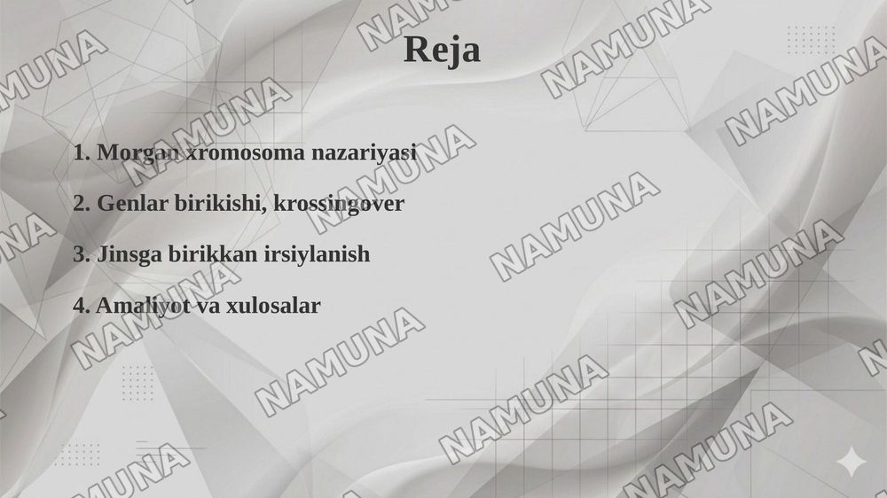 T.G.MORGANNING IRSIYATNING XROMOSOMA NAZARIYASI. GENLARNING BIRIKISH HODISASI, KROSSINGOVER. BELGILARNING JINSGA BIRIKKAN HOLDA IRSIYLANISHI. — taqdimot, 2-slayd