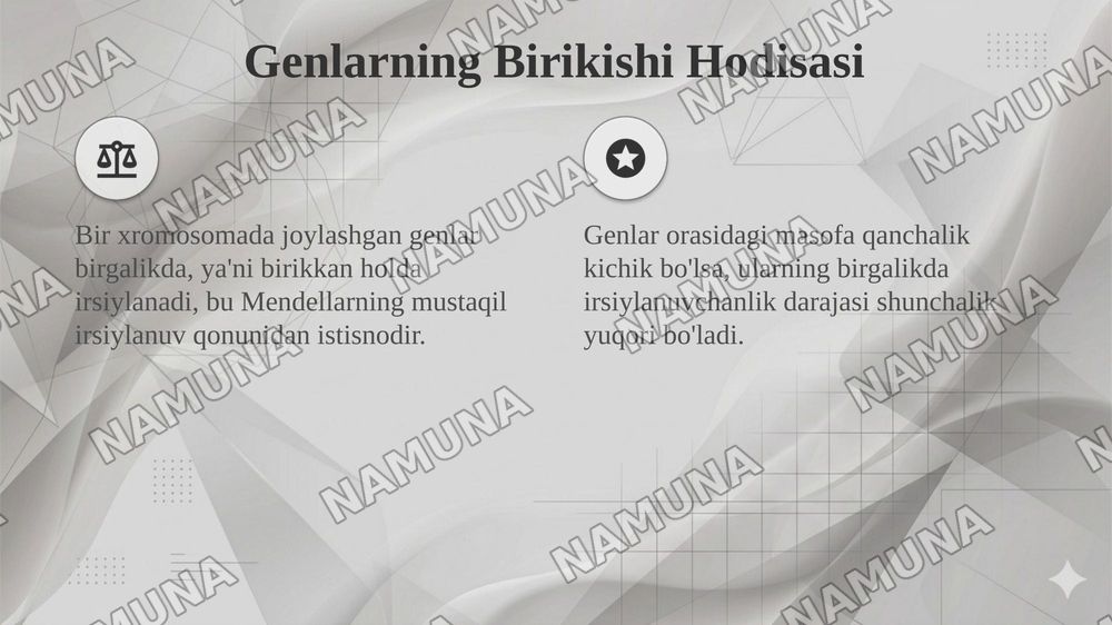 T.G.MORGANNING IRSIYATNING XROMOSOMA NAZARIYASI. GENLARNING BIRIKISH HODISASI, KROSSINGOVER. BELGILARNING JINSGA BIRIKKAN HOLDA IRSIYLANISHI. — taqdimot, 5-slayd