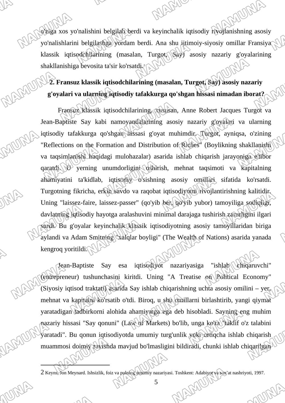Fransiyada klassik iqtisodiy qarashlarning oʻziga xos xususiyatlari — mustaqil ish, 5-varaq