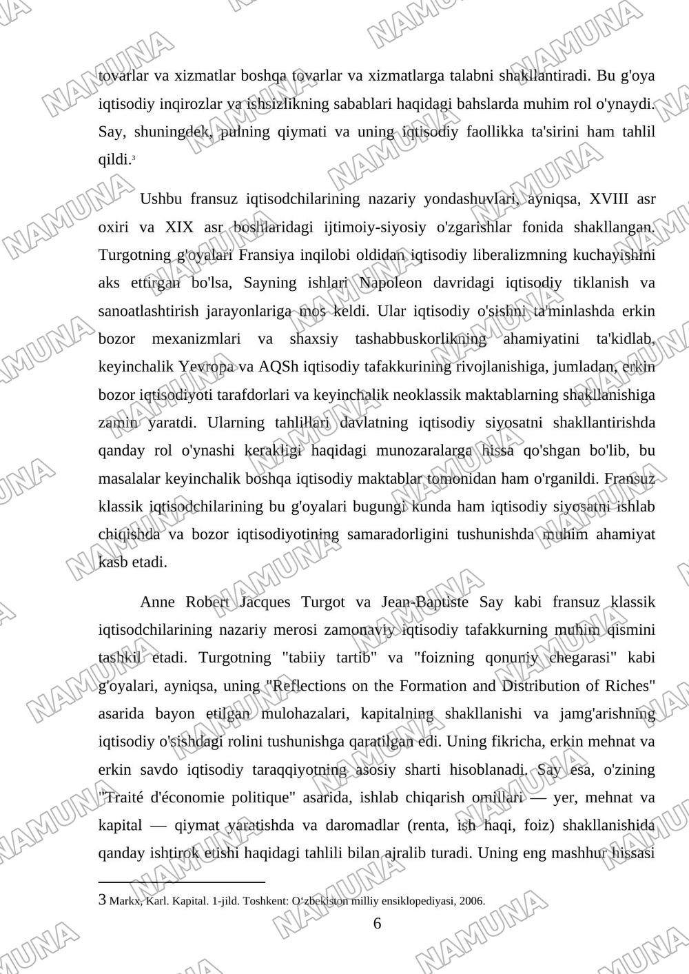 Fransiyada klassik iqtisodiy qarashlarning oʻziga xos xususiyatlari — mustaqil ish, 6-varaq