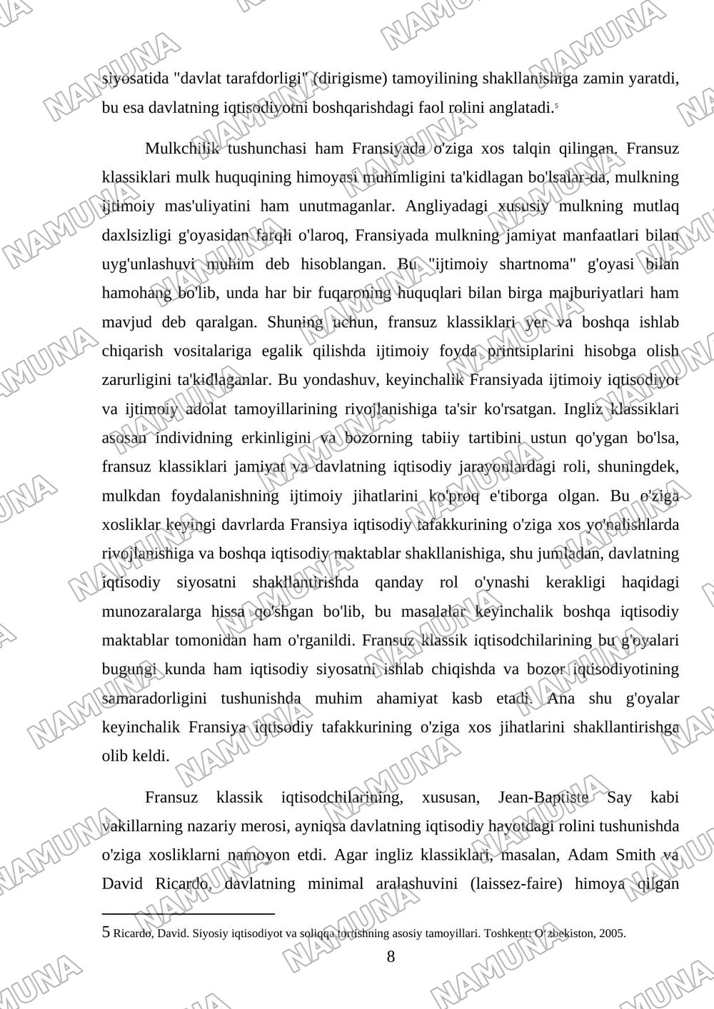 Fransiyada klassik iqtisodiy qarashlarning oʻziga xos xususiyatlari — mustaqil ish, 8-varaq
