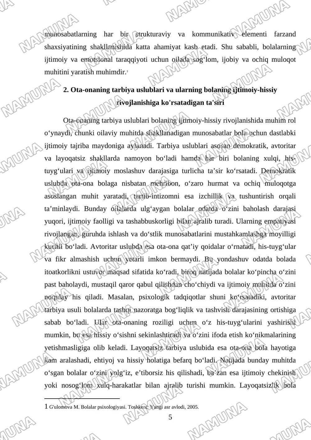 Oilaviy muhit va oilaviy munosabatlarning bola xulqiga tasiri — mustaqil ish, 5-varaq