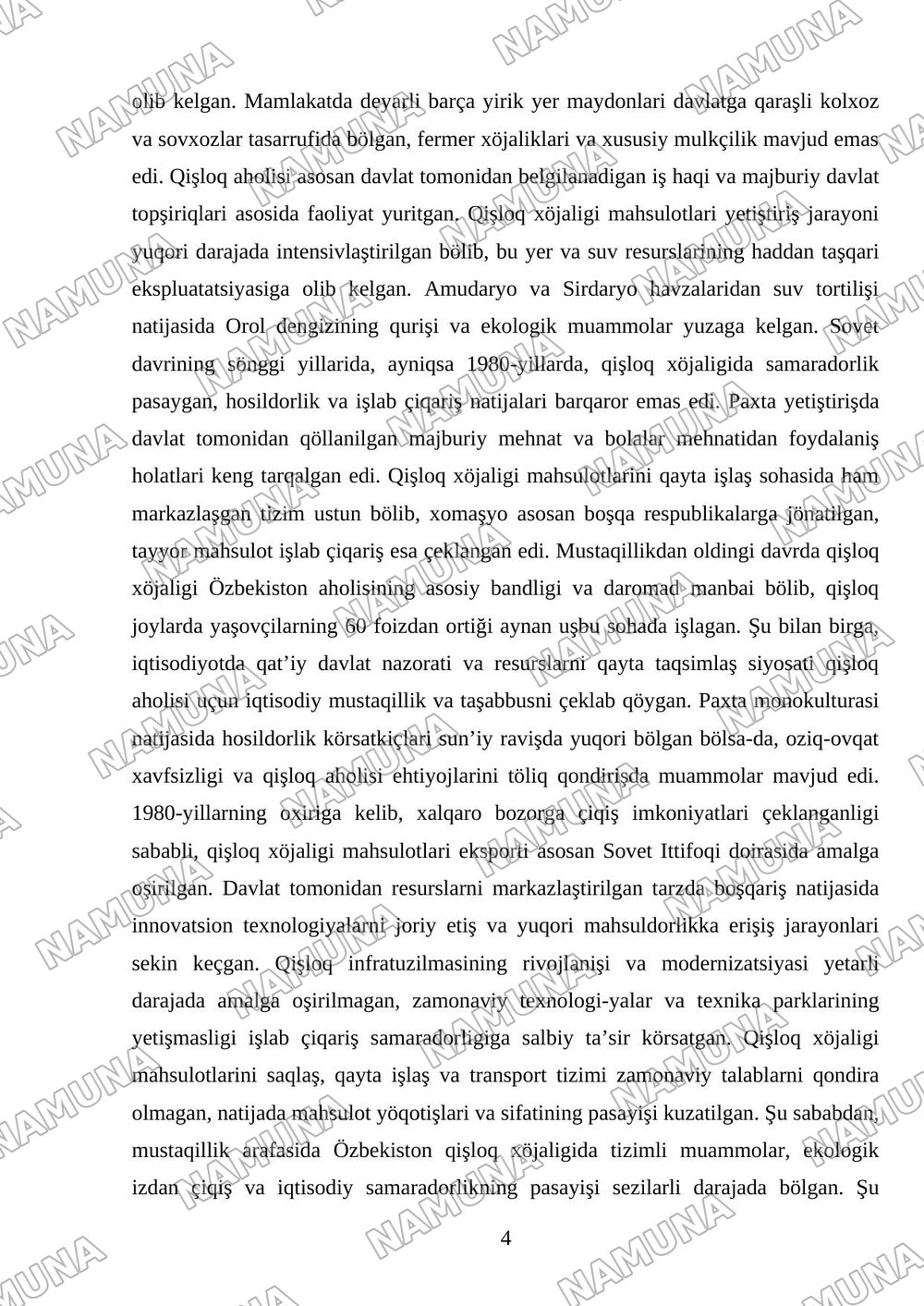 Mustaqillik yillarida qishloq xoʻjaligi va sanoat sohasidagi oʻzgarishlar — mustaqil ish, 4-varaq