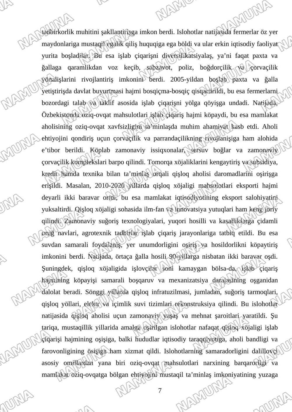 Mustaqillik yillarida qishloq xoʻjaligi va sanoat sohasidagi oʻzgarishlar — mustaqil ish, 7-varaq