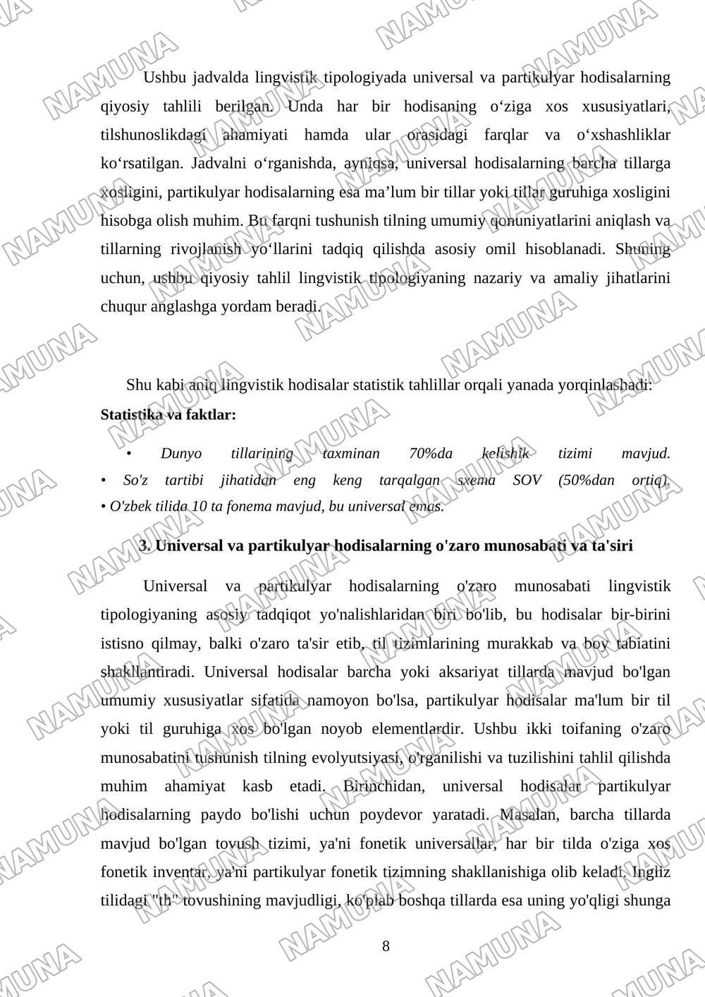 Lingvistik tipologiyada universal va partikulyar hodisalar (nazariy manbalarni organish va tahliliy xulosa tayyorlash) — mustaqil ish, 8-varaq