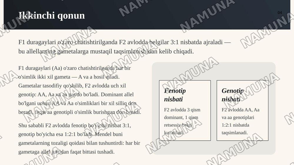 Mendelning 1-2 qonuni
Allelegenlarning oʻzaro ta’siri — zamonaviy taqdimot, 5-slayd