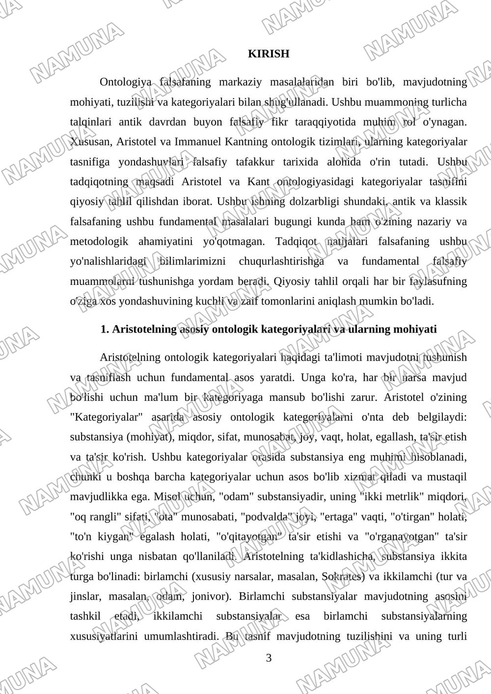 Aristotel farobiy va kant ontalogiyasida kotigoriyalar tasnifi — mustaqil ish, 3-varaq