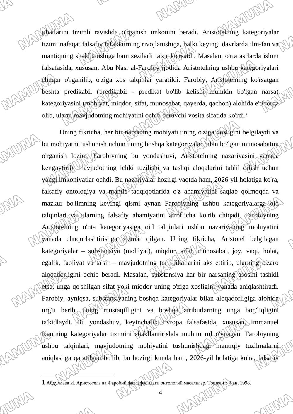Aristotel farobiy va kant ontalogiyasida kotigoriyalar tasnifi — mustaqil ish, 4-varaq