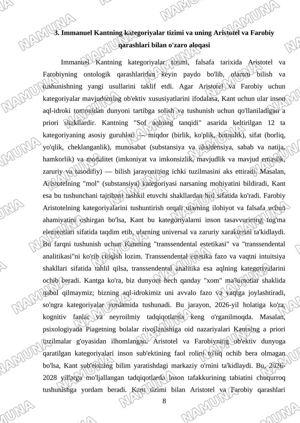 Aristotel farobiy va kant ontalogiyasida kotigoriyalar tasnifi — mustaqil ish, 8-varaq