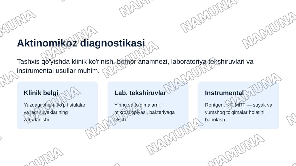 Yuz-jag‘ sohasining infeksion-yallig‘lanish kasalliklari: aktinomikoz, zaxm va sil. Klinikasi, diagnostikasi va differensial diagnostikasi. — zamonaviy taqdimot, 7-slayd