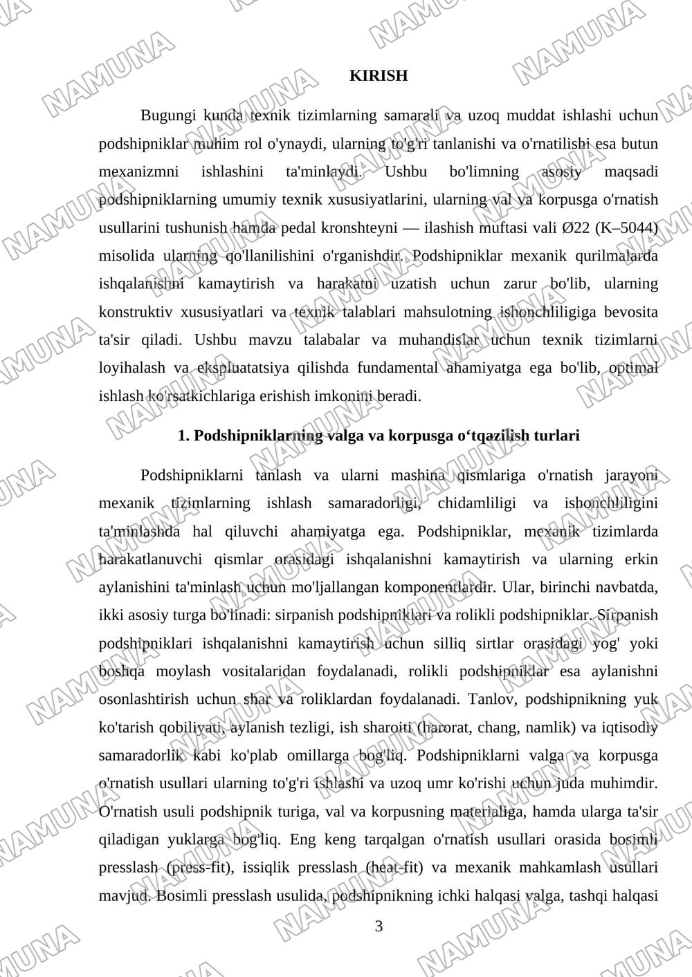 Podshipniklar to‘g‘risida umumiy tushuncha. Podshipniklarning valga va korpusga o‘tqazilish turini tanlash.Pedal kronshteyni – ilashish muftasi vali Ø22; K–5044 — mustaqil ish, 3-varaq