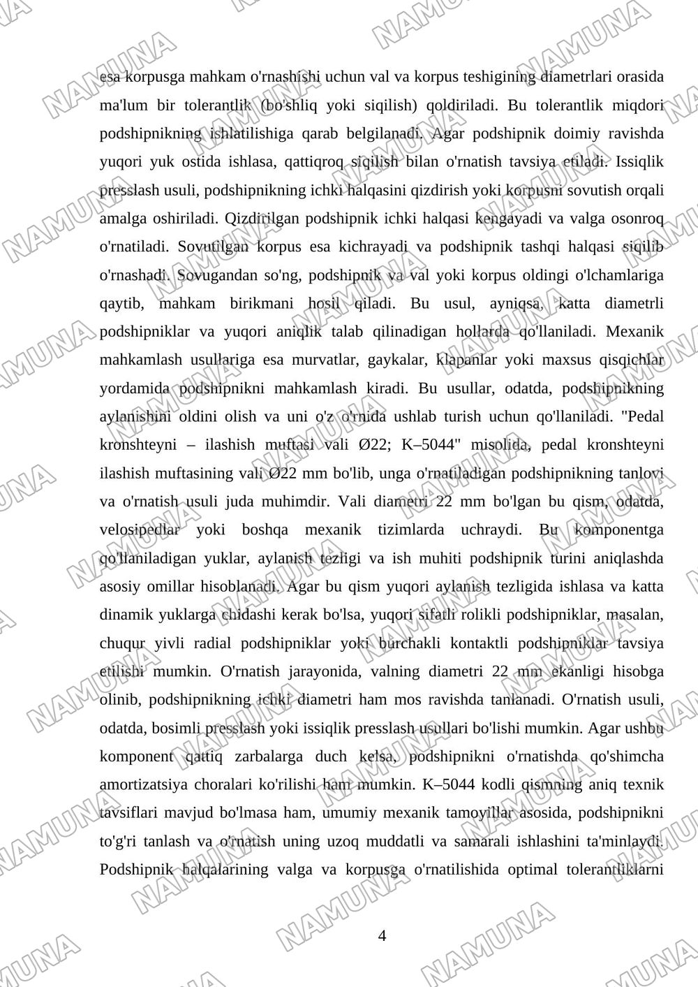 Podshipniklar to‘g‘risida umumiy tushuncha. Podshipniklarning valga va korpusga o‘tqazilish turini tanlash.Pedal kronshteyni – ilashish muftasi vali Ø22; K–5044 — mustaqil ish, 4-varaq