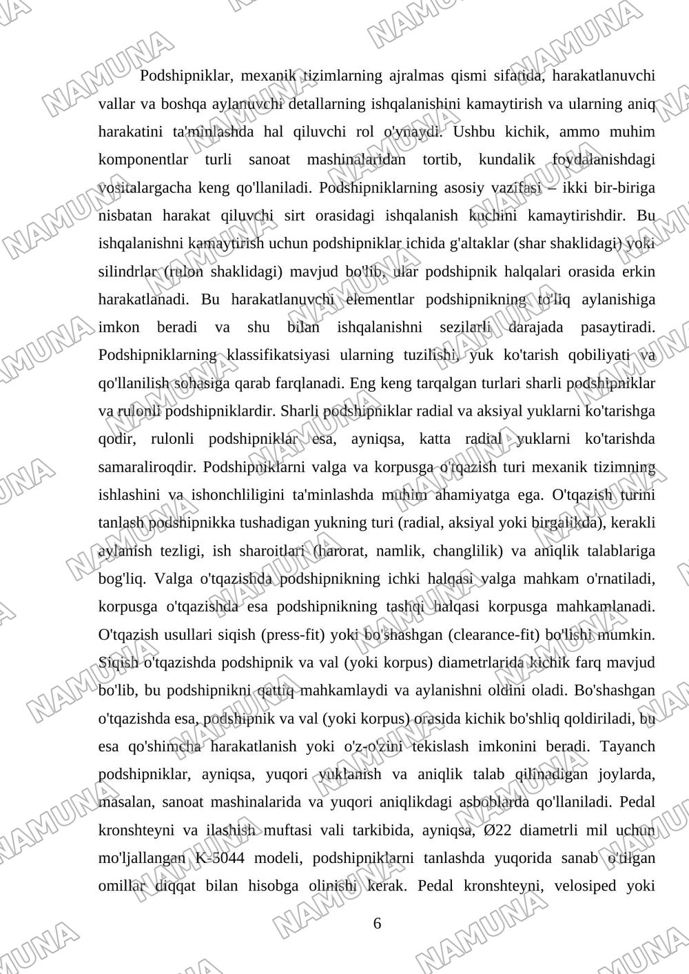 Podshipniklar to‘g‘risida umumiy tushuncha. Podshipniklarning valga va korpusga o‘tqazilish turini tanlash.Pedal kronshteyni – ilashish muftasi vali Ø22; K–5044 — mustaqil ish, 6-varaq