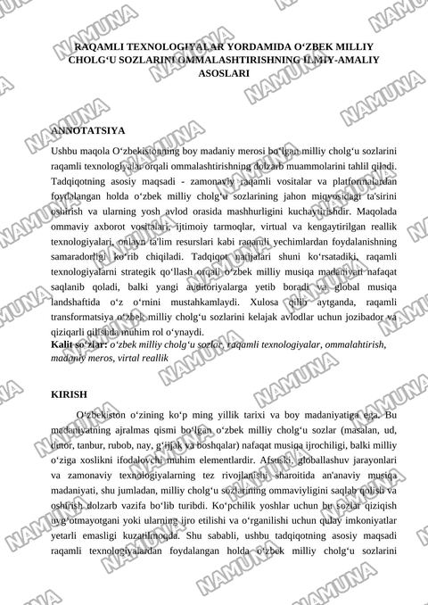 Raqamli texnologiyalar yordamida o'zbek milliy cholg'u sozlarini ommalashtirish' — maqola