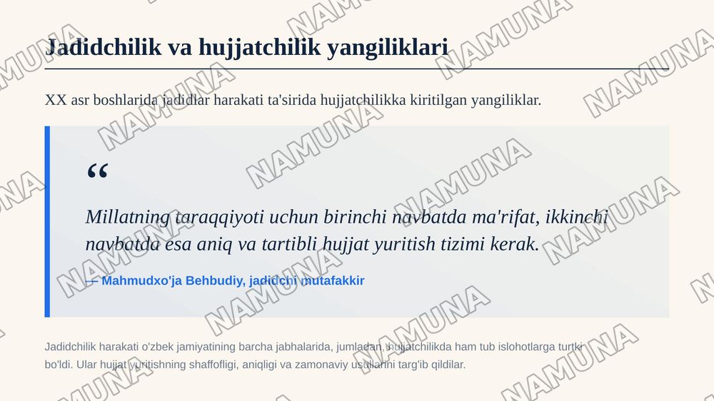 O'zbek hujjatchiligining shakllanishi va tarixiy taraqqiyot bosqichlari — zamonaviy taqdimot, 7-slayd