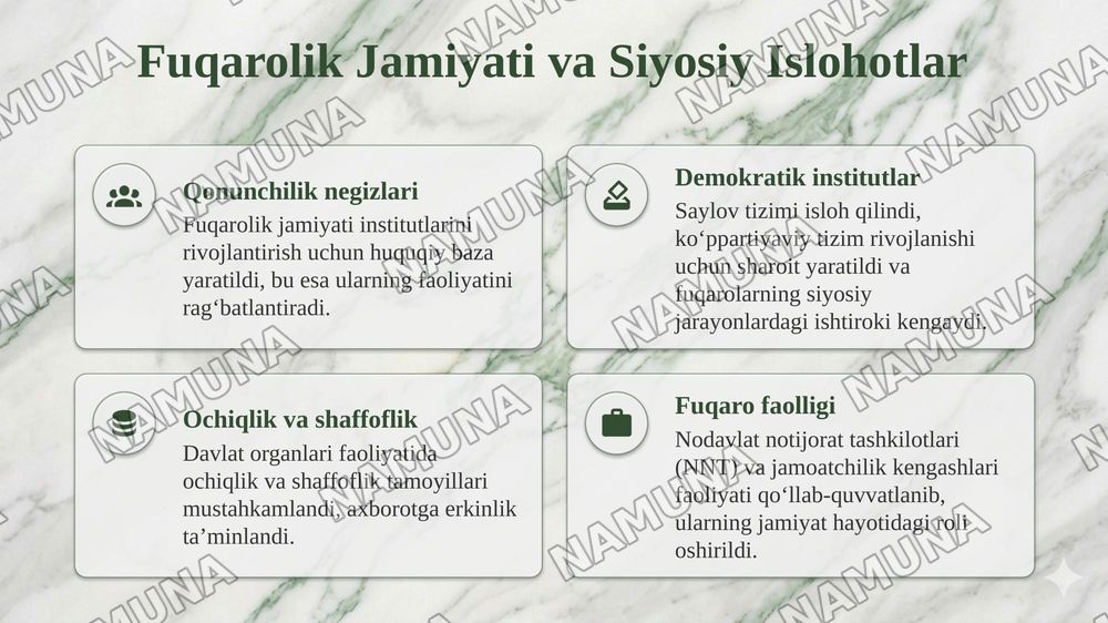 Oʻzbekistonda demokratik fuqarolik jamiyati asoslarining shakllanishi va amalga oshirilgan siyosiy islohotlar — taqdimot, 4-slayd