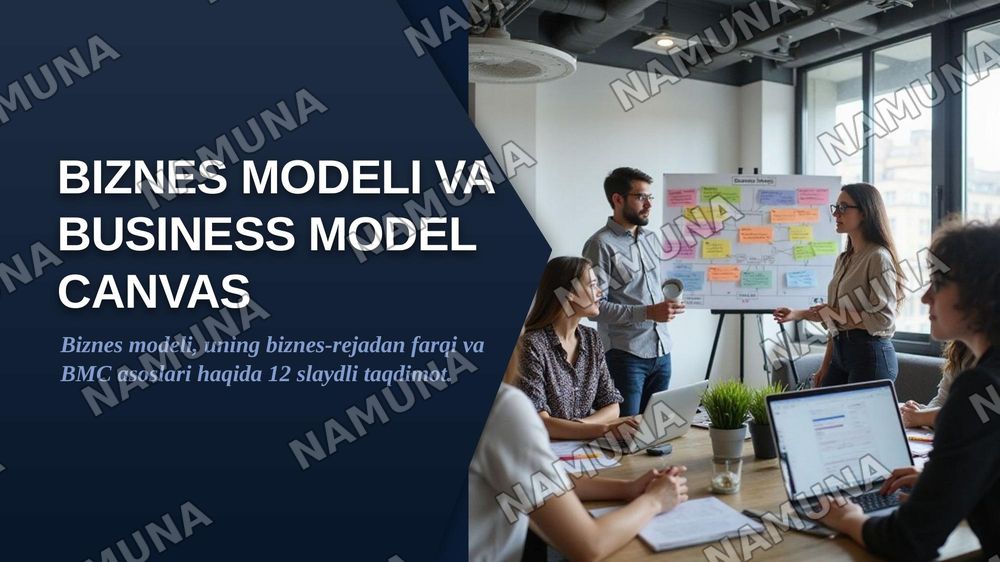 1. Biznes modeli nima va u biznes-rejadan qanday farq qiladi?
2. Business Model Canvas (BMC) nima uchun qo‘llaniladi va uning nechta asosiy bloki mavjud?
3. BMCdagi “Mijozlar segmentlari” va “Qiymat taklifi” bloklari o‘rtasida qanday bog‘liqlik mavjud?
4. Qiymat taklifi deganda nima tushuniladi va u — zamonaviy taqdimot, 1-slayd