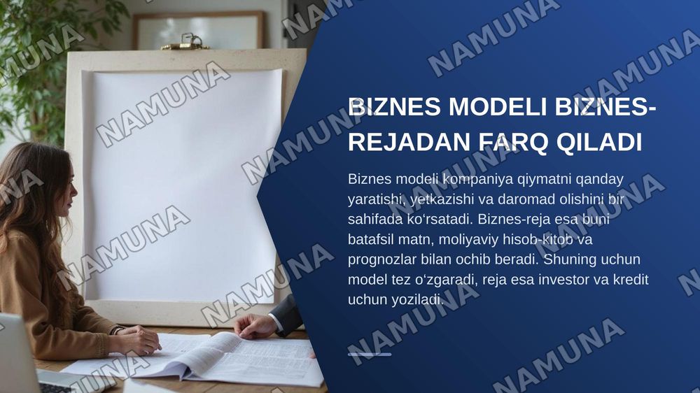 1. Biznes modeli nima va u biznes-rejadan qanday farq qiladi?
2. Business Model Canvas (BMC) nima uchun qo‘llaniladi va uning nechta asosiy bloki mavjud?
3. BMCdagi “Mijozlar segmentlari” va “Qiymat taklifi” bloklari o‘rtasida qanday bog‘liqlik mavjud?
4. Qiymat taklifi deganda nima tushuniladi va u — zamonaviy taqdimot, 3-slayd