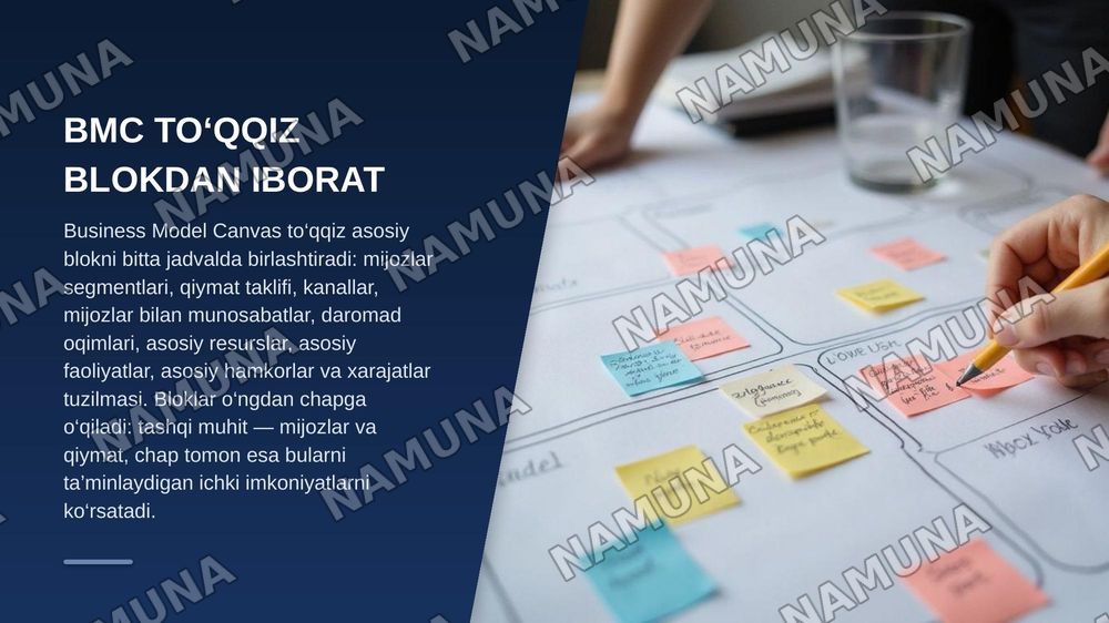 1. Biznes modeli nima va u biznes-rejadan qanday farq qiladi?
2. Business Model Canvas (BMC) nima uchun qo‘llaniladi va uning nechta asosiy bloki mavjud?
3. BMCdagi “Mijozlar segmentlari” va “Qiymat taklifi” bloklari o‘rtasida qanday bog‘liqlik mavjud?
4. Qiymat taklifi deganda nima tushuniladi va u — zamonaviy taqdimot, 4-slayd