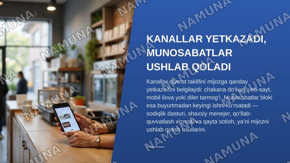 1. Biznes modeli nima va u biznes-rejadan qanday farq qiladi?
2. Business Model Canvas (BMC) nima uchun qo‘llaniladi va uning nechta asosiy bloki mavjud?
3. BMCdagi “Mijozlar segmentlari” va “Qiymat taklifi” bloklari o‘rtasida qanday bog‘liqlik mavjud?
4. Qiymat taklifi deganda nima tushuniladi va u — zamonaviy taqdimot, 7-slayd