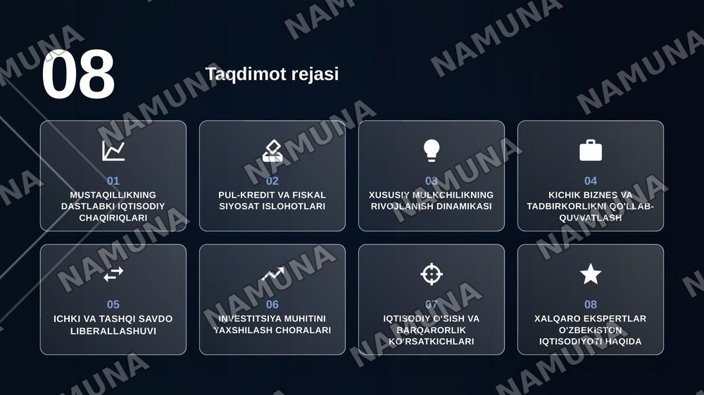 Iqtisodiy islohotlar, xususiy
mulkchilikning shakllanishi va O'zbekistonda bozor munosabatlarining rivojlanishi — zamonaviy taqdimot, 2-slayd
