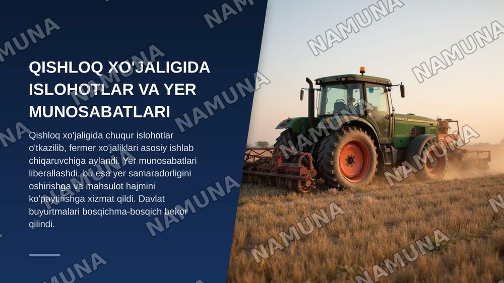 Iqtisodiy islohotlar, xususiy
mulkchilikning shakllanishi va O'zbekistonda bozor munosabatlarining rivojlanishi — zamonaviy taqdimot, 8-slayd