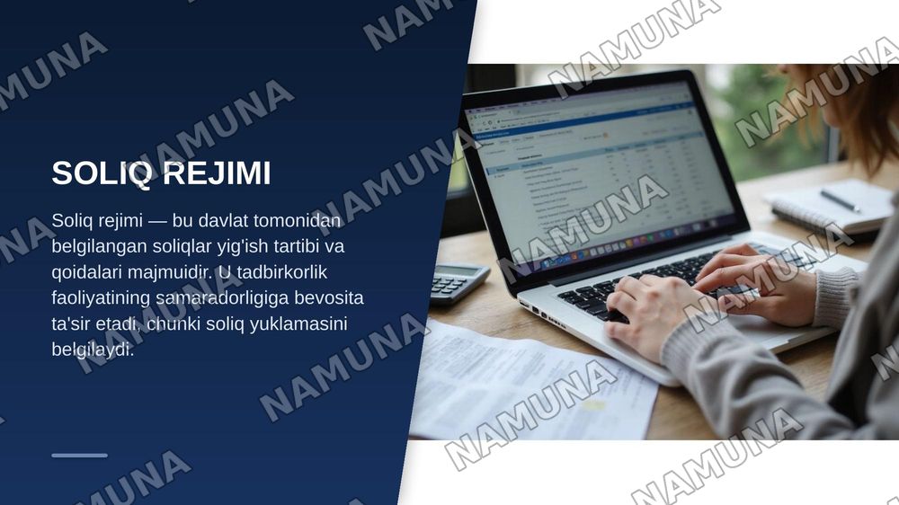 1.Soliq rejimi tushunchasini izohlang va uning tadbirkorlik faoliyatidagi ahamiyatini tushuntiring.
2.Aylanma, daromad va foyda tushunchalari o‘rtasidagi farq nimada? Misol orqali tushuntiring.
3.Tadbirkor soliq rejimini tanlashda qaysi iqtisodiy va huquqiy omillarni hisobga olishi kerak?
4.QQS va f — zamonaviy taqdimot, 3-slayd