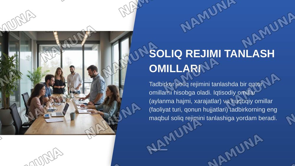 1.Soliq rejimi tushunchasini izohlang va uning tadbirkorlik faoliyatidagi ahamiyatini tushuntiring.
2.Aylanma, daromad va foyda tushunchalari o‘rtasidagi farq nimada? Misol orqali tushuntiring.
3.Tadbirkor soliq rejimini tanlashda qaysi iqtisodiy va huquqiy omillarni hisobga olishi kerak?
4.QQS va f — zamonaviy taqdimot, 6-slayd