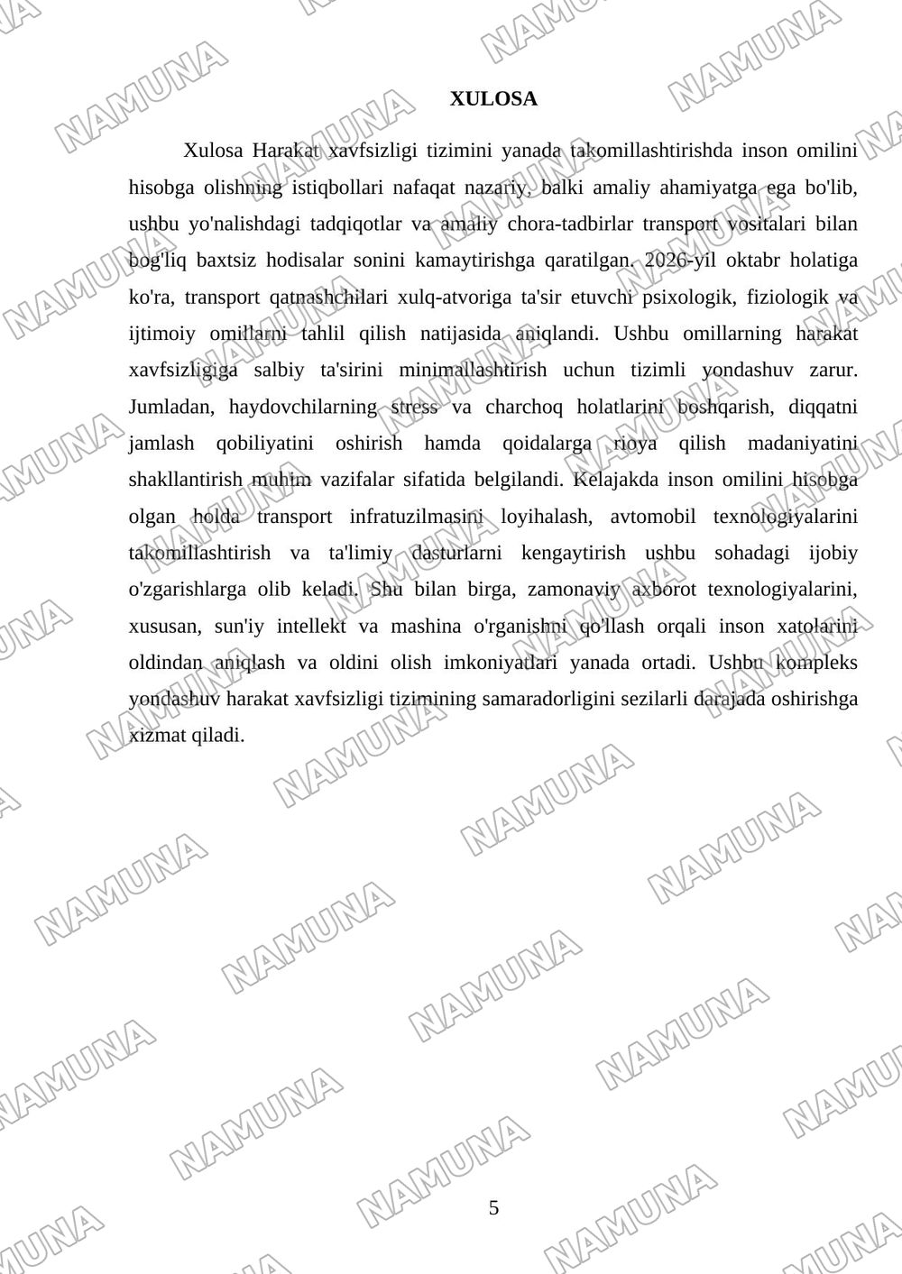 Harakat xavfsizligi tizimida inson omilining ahamiyati — mustaqil ish, 5-varaq