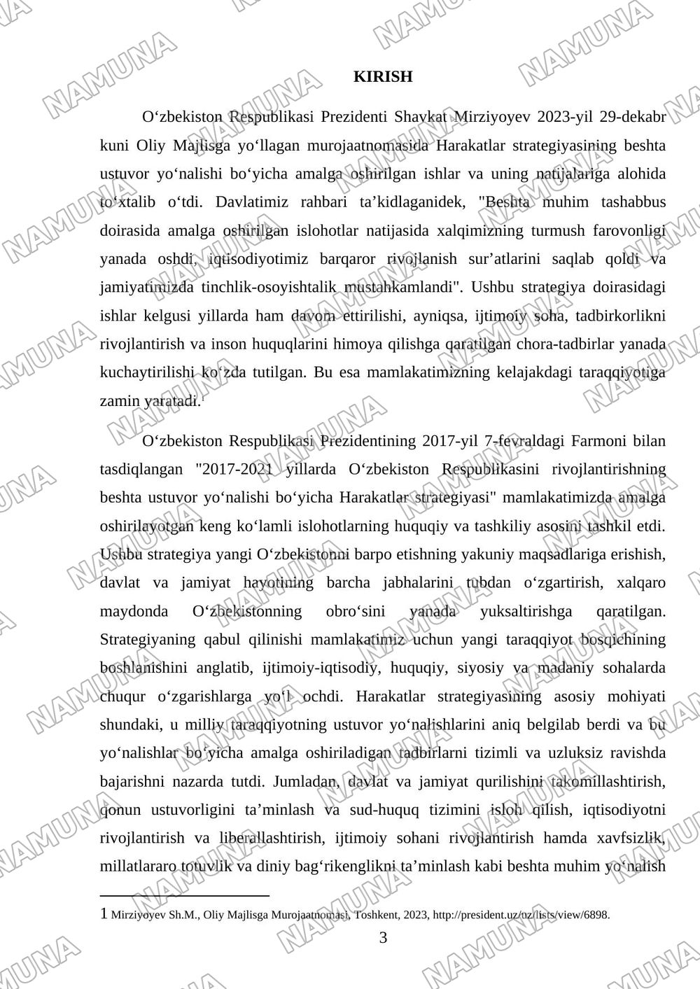 2017-2021 yillarda O‘zbekiston Respublikasini rivojlantirishning beshta ustuvor yo‘nalishi bo‘yicha Harakatlar strategiyasining hayotga tadbiq etilishi va uning natijalari. — mustaqil ish, 3-varaq