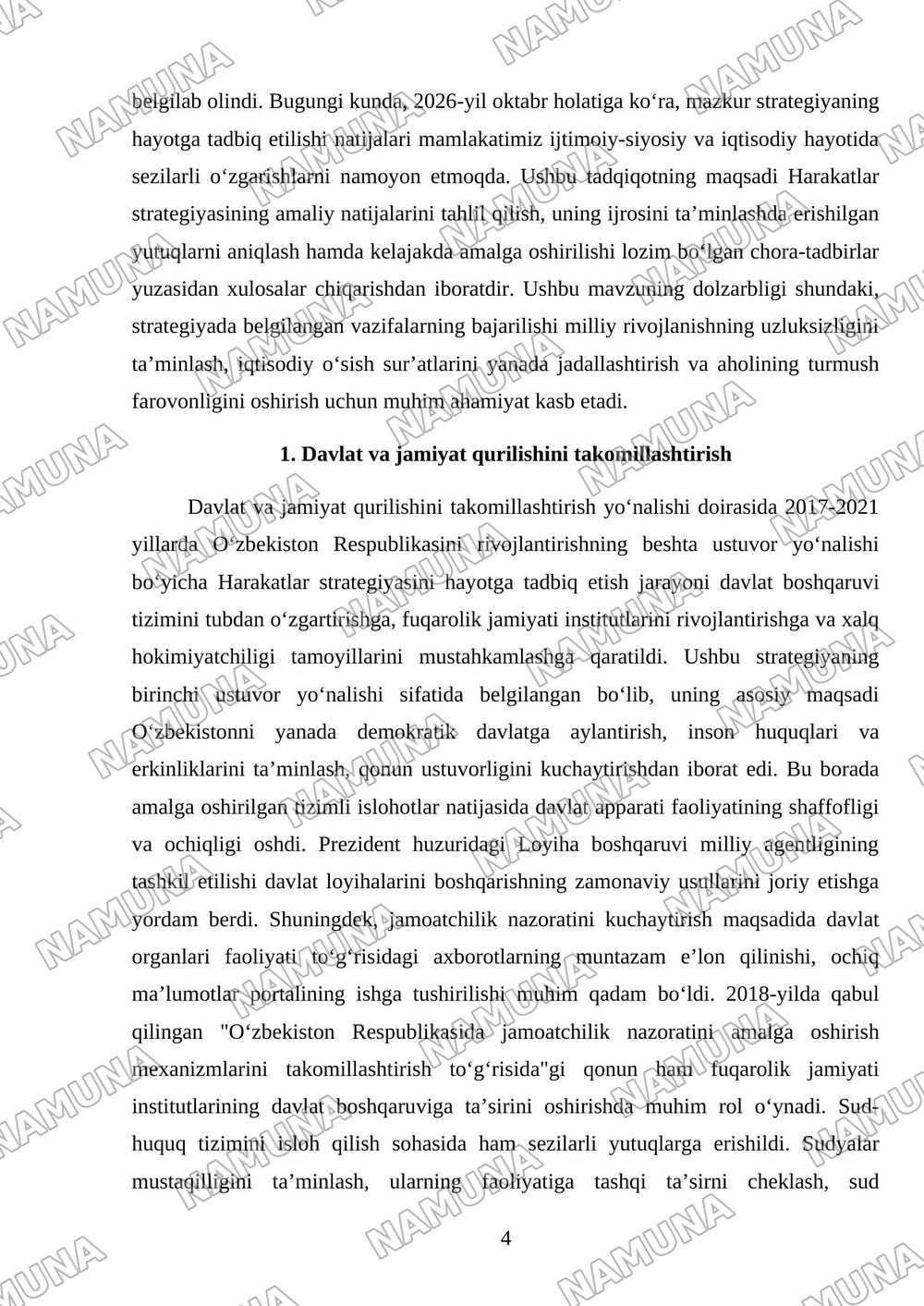 2017-2021 yillarda O‘zbekiston Respublikasini rivojlantirishning beshta ustuvor yo‘nalishi bo‘yicha Harakatlar strategiyasining hayotga tadbiq etilishi va uning natijalari. — mustaqil ish, 4-varaq