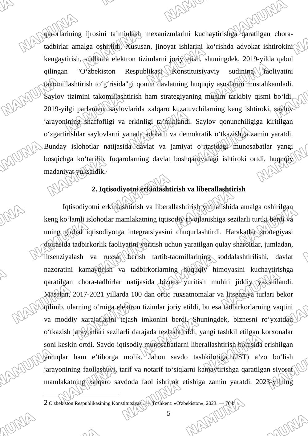 2017-2021 yillarda O‘zbekiston Respublikasini rivojlantirishning beshta ustuvor yo‘nalishi bo‘yicha Harakatlar strategiyasining hayotga tadbiq etilishi va uning natijalari. — mustaqil ish, 5-varaq