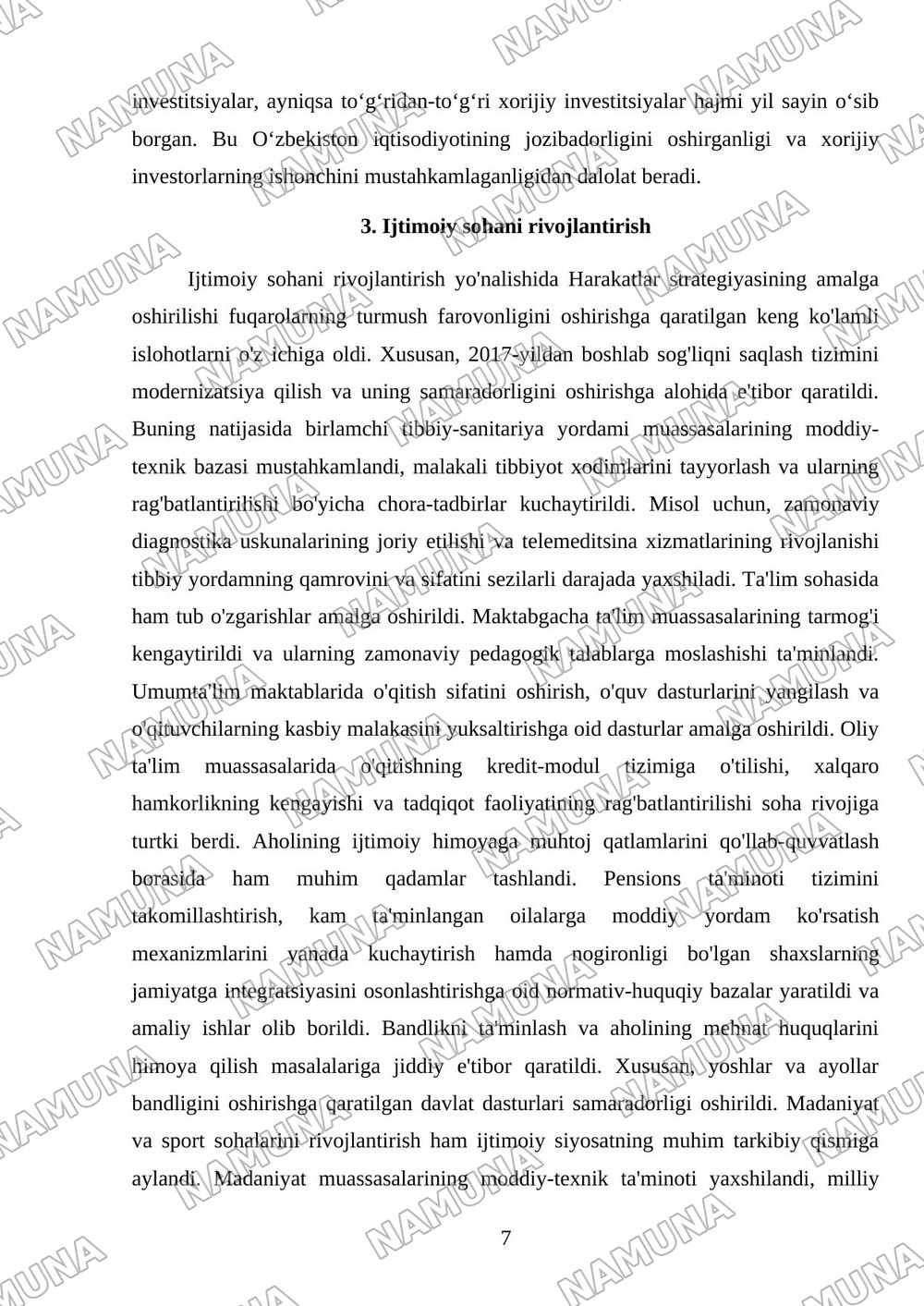 2017-2021 yillarda O‘zbekiston Respublikasini rivojlantirishning beshta ustuvor yo‘nalishi bo‘yicha Harakatlar strategiyasining hayotga tadbiq etilishi va uning natijalari. — mustaqil ish, 7-varaq