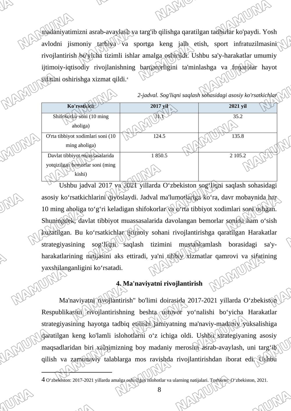 2017-2021 yillarda O‘zbekiston Respublikasini rivojlantirishning beshta ustuvor yo‘nalishi bo‘yicha Harakatlar strategiyasining hayotga tadbiq etilishi va uning natijalari. — mustaqil ish, 8-varaq