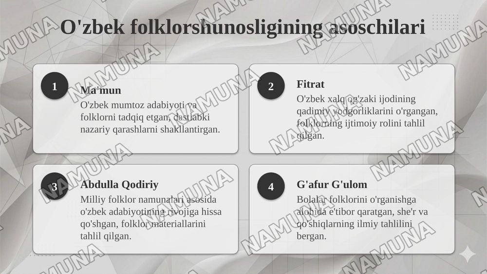 Folklorshunos olimlar hayoti, ijodi va folklorshunoslikka qòshgan hissasi — taqdimot, 4-slayd