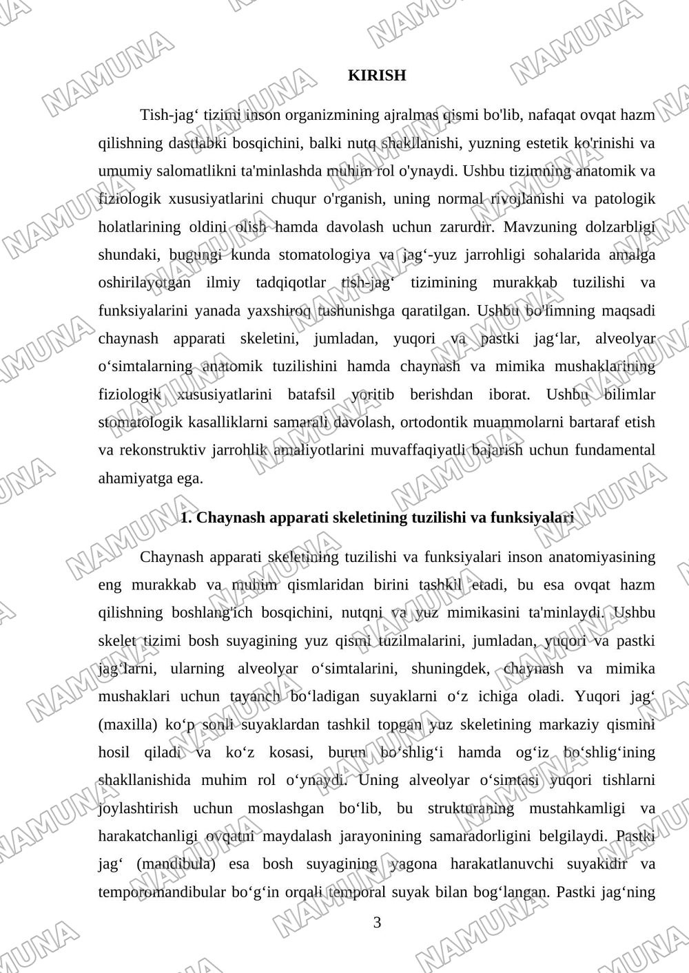Tish-jag‘ tizimining anatomik-fiziologik xususiyatlari. Chaynash apparati skeleti. Yuqori va pastki jag‘lar, alveolyar o‘simtalar. Chaynash va mimika mushaklari. — referat, 3-varaq